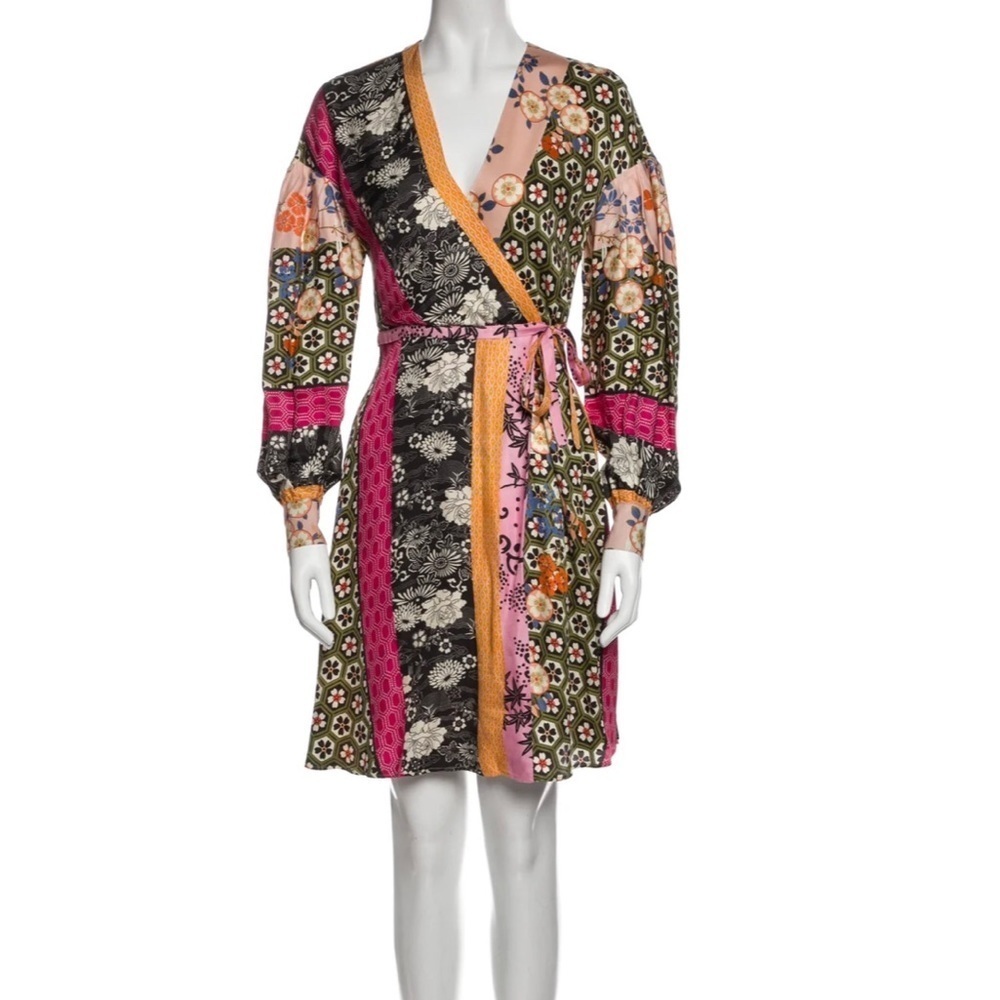 Pinko Floral Print Long Sleeve Wrap Mini Dress Multicolor Size 1 Boho Feminine